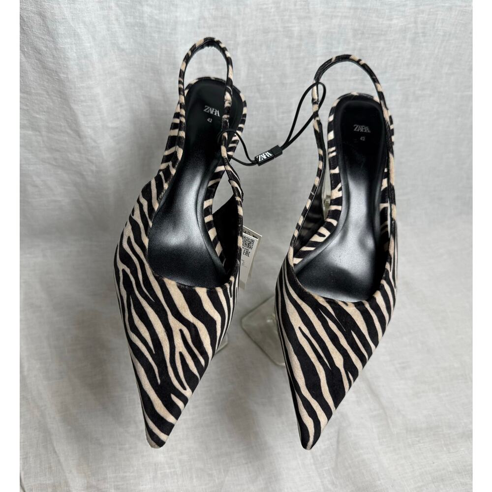 Zara Black and Cream Zebra-Print Slingback Heels